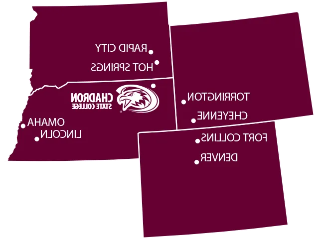 内布拉斯加州, 南达科塔州, 怀俄明, 和科罗拉多 state outlines with Chadron marked